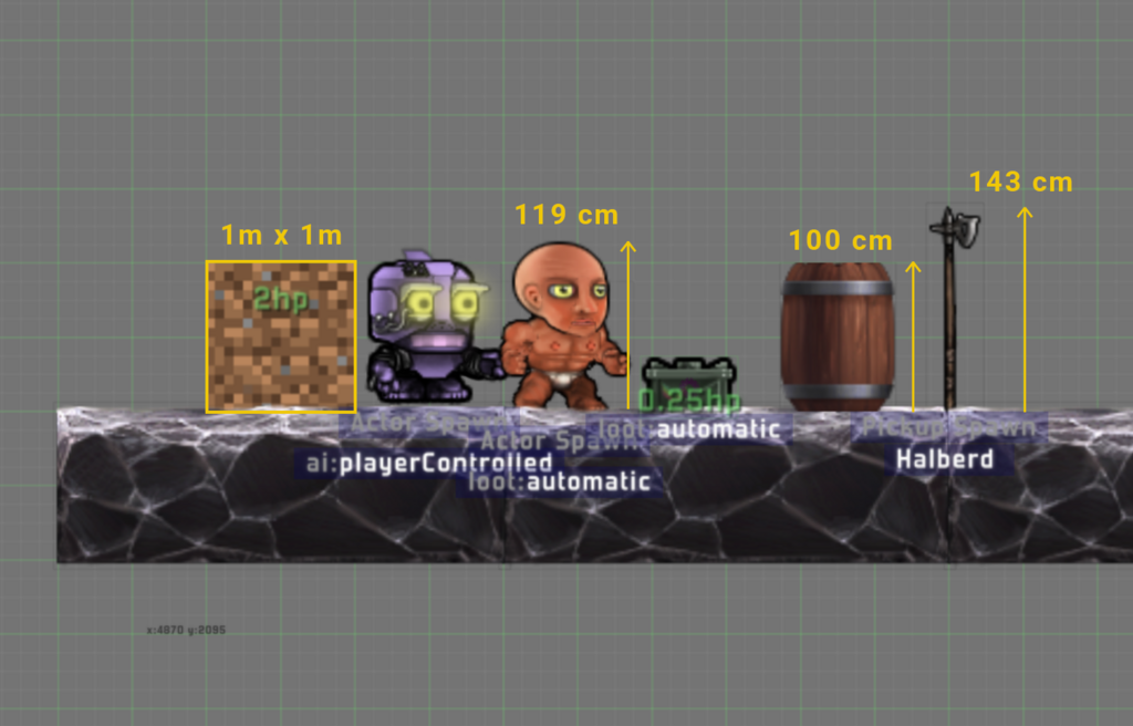 Sizes of various things in the map editor under the 64 units equals 1 meter measurement system. One minecraft block is exactly 1 meter times 1 meter. Cobalt is the same size. A human is 119 centimeters tall. A barrel is 100 centimeters. A halberd is 143 centimeters.
